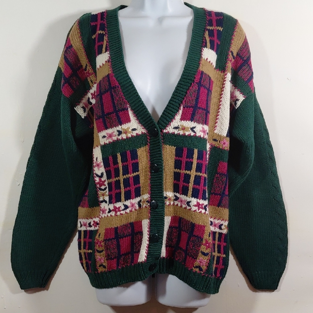 Vintage Ninon Patchwork V-Neck Button Up Colorblock Plaid Cardigan Sweater Med